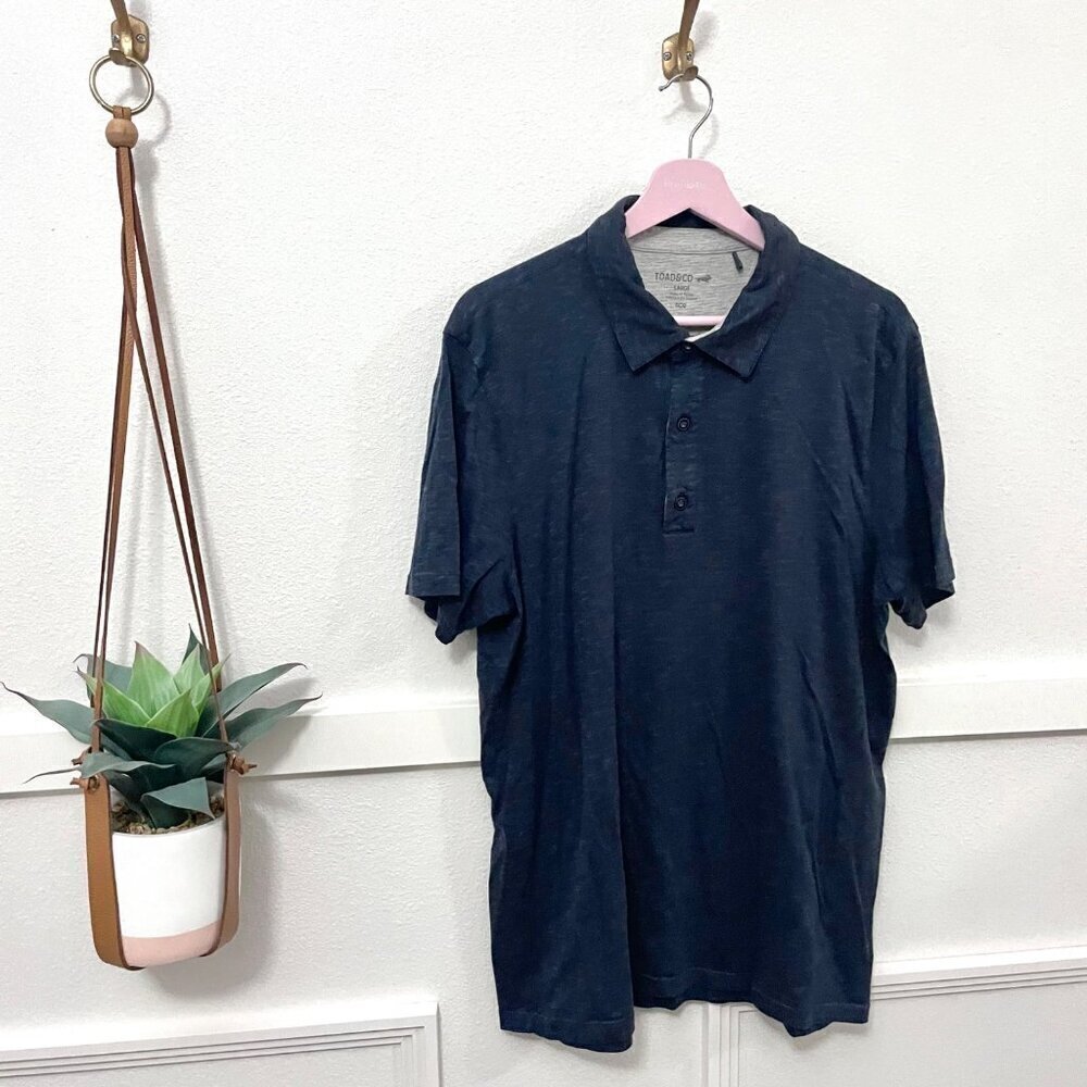 Toad & Co Navy Stripe Short Sleeve Polo Size L